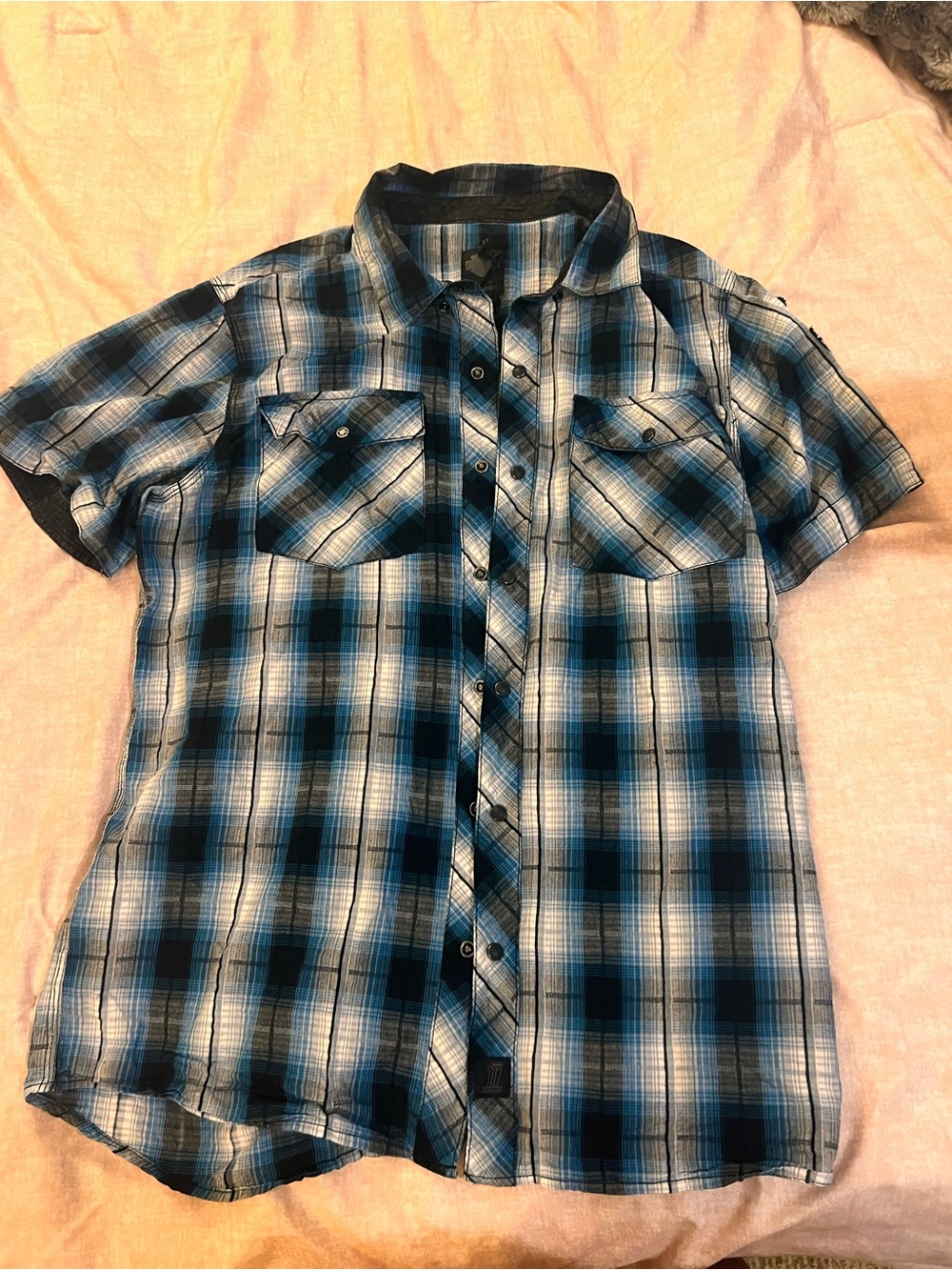 Harley-Davidson Blue and Black Plaid Short-Sleeve Button-Up Shirt